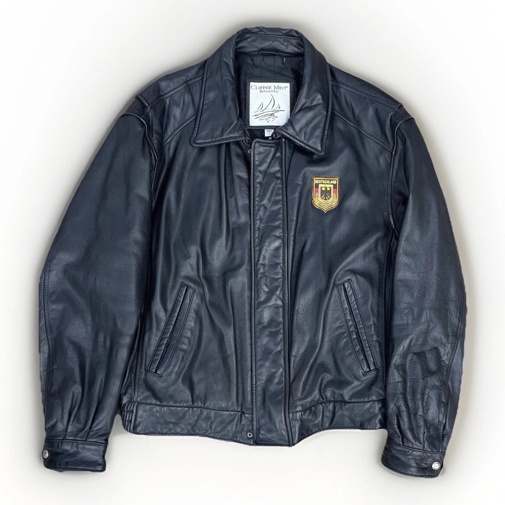 Vtg Leather Bomber BlackJacket Men's Large Vintage - Custom GERMANY Patch!
